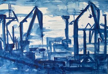 Port - Ships Port - Cargo port - WATERCOLOR PAINTING thumb