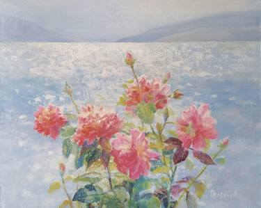 SANNY BAY - acrylic painting, wall art,roses and sunshine, sunny day, summer, hot day thumb