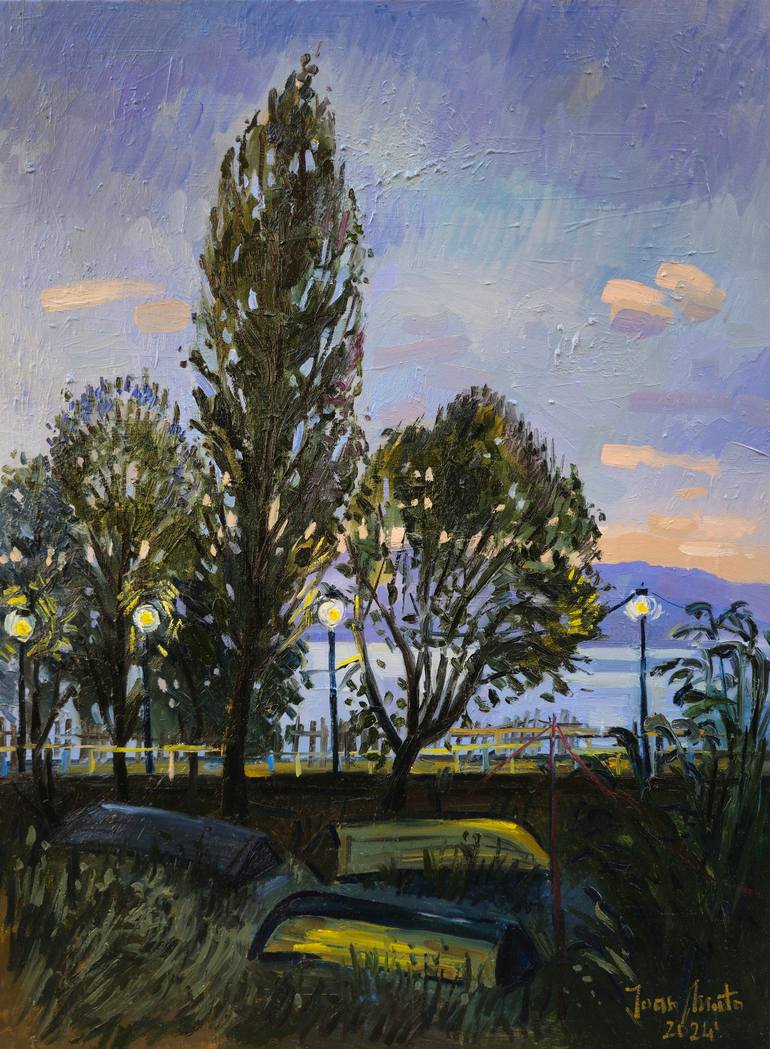 Original Boat Painting by Joan Mato | Contemporary Art on Canvas | Evening by the lake