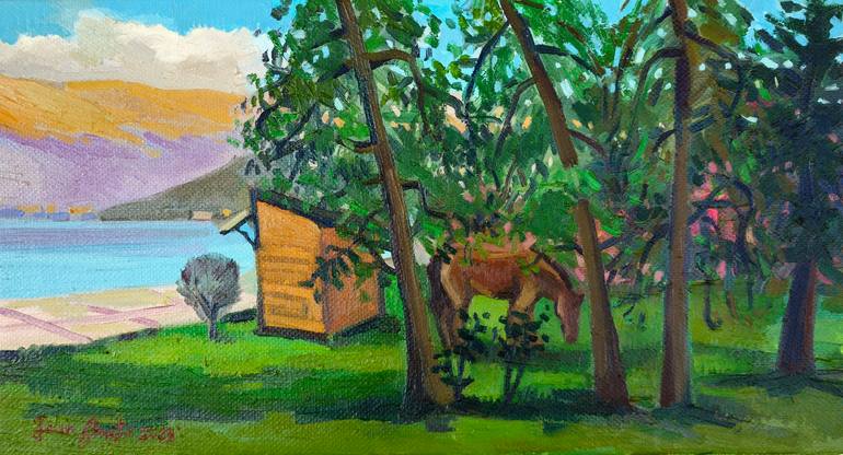 Original Landscape Painting by Joan Mato | Impressionism Art on Canvas | "Wood cabin by the lake"