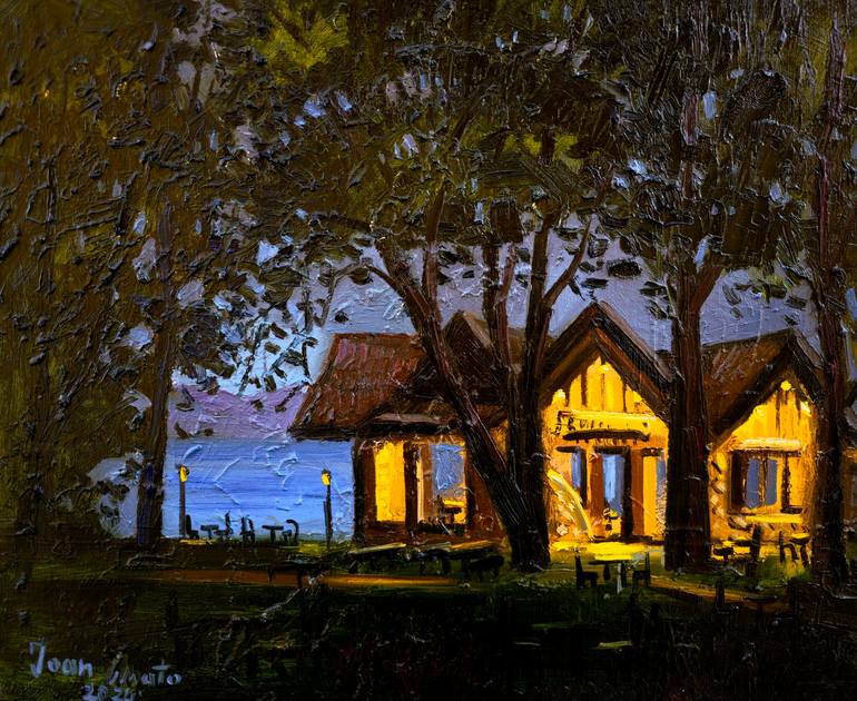 Original Light Painting by Joan Mato | Contemporary Art on Canvas | "Nightfall at the lakeside lodge"