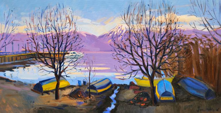 Original Boat Painting by Joan Mato | Impressionism Art on Canvas | Winter afternoon by the lake