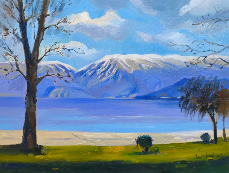 Original Landscape Painting by Joan Mato | Impressionism Art on Canvas | Winter day by the lake