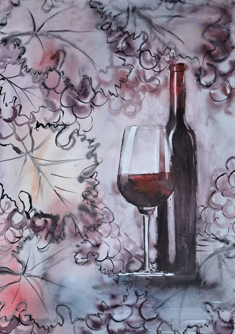 Original Food & Drink Painting by Yana Bila | Realism Art on Paper | A glass of red wine