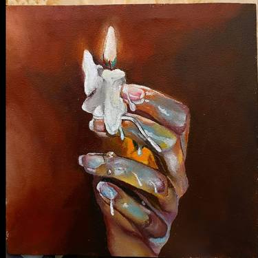 holding a lit candle painting in a dark background thumb