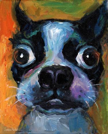 Cute Boston Terrier puppy dog portrait painting thumb