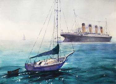 Titanic and Sailboat in the Blue Ocean thumb