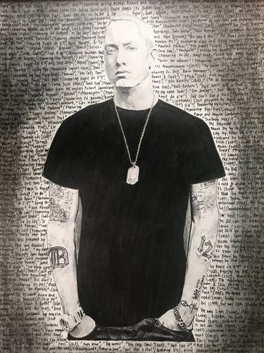Eminem Portrait x All song from 1996-2021 written on background - 27x37.8cm Original Pencil unframed drawing - Rapper - Hip Hop thumb
