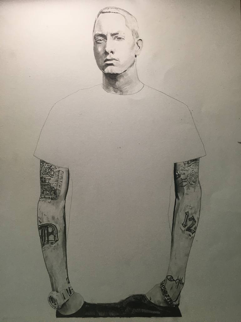 Eminem Portrait x All song from 1996-2021 written on background