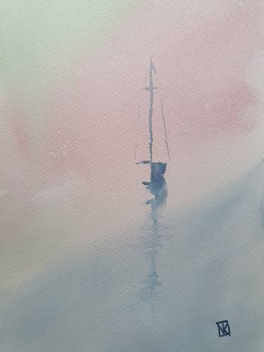 Seascape with yacht in the morning mist thumb