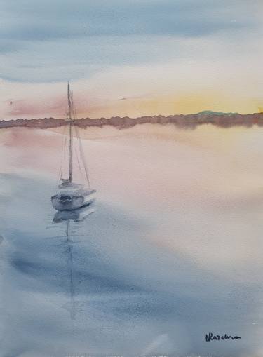 Seascape with yacht at sunset thumb