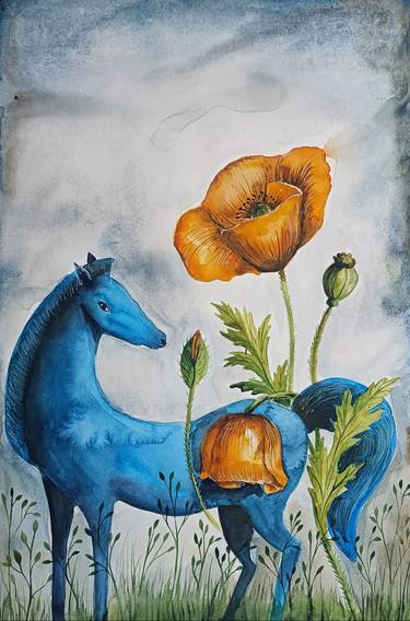 Blue Horse With Poppy Flower thumb