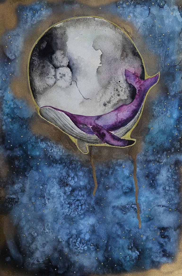 Original Animal Painting by Evgenia Smirnova | Surrealism Art on Paper | The Magic of Night