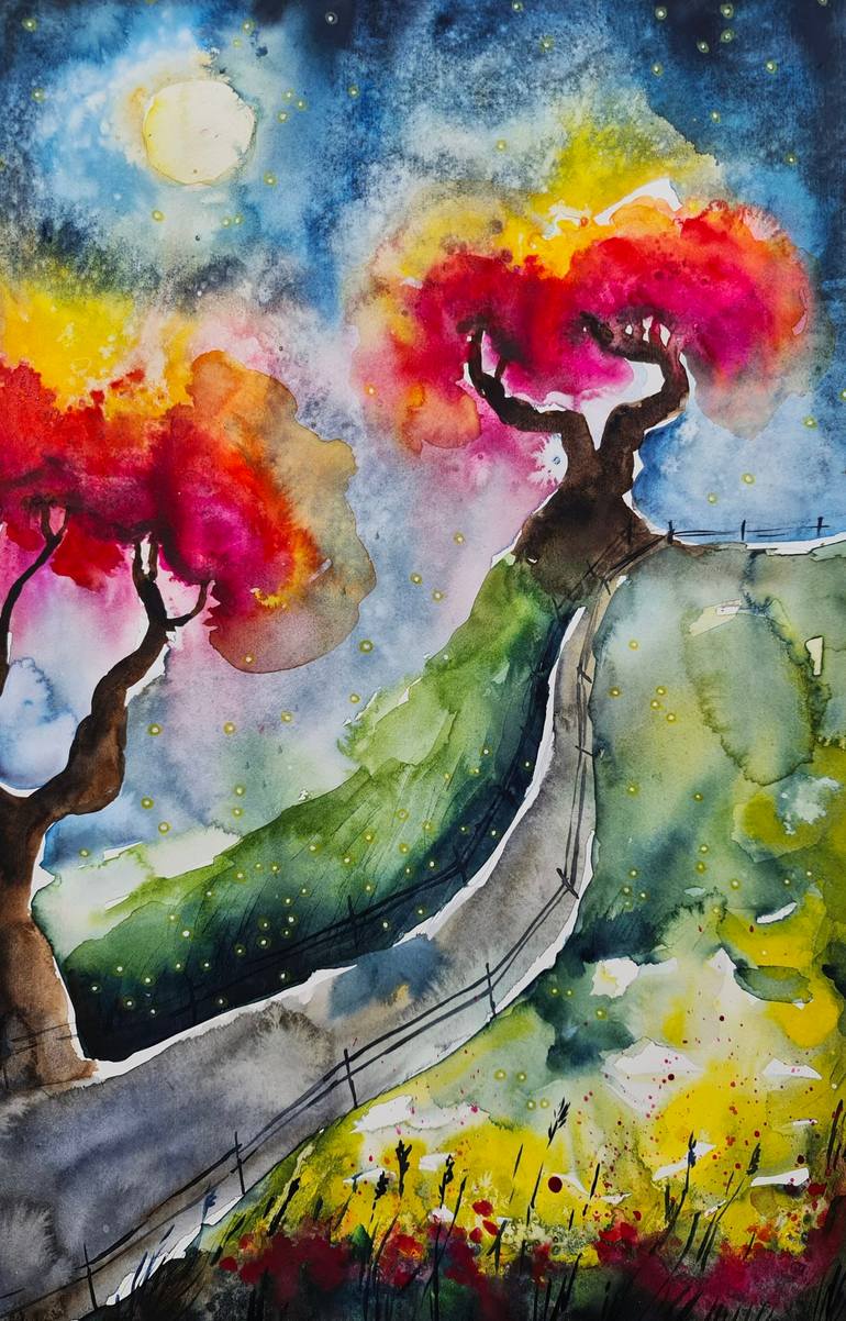 Original Landscape Painting by Evgenia Smirnova | Illustration Art on Paper | Whispering Trees of the Night