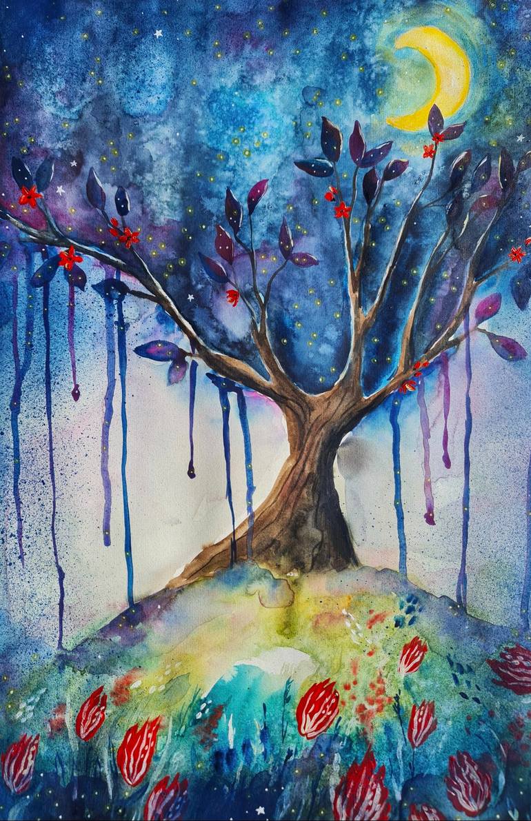 Original Landscape Painting by Evgenia Smirnova | Illustration Art on Paper | Echoes of the Night