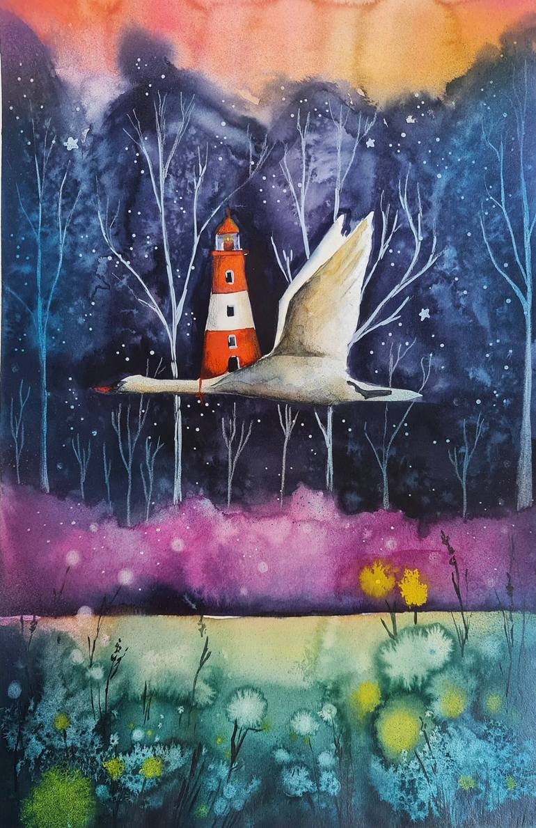 Original Landscape Painting by Evgenia Smirnova | Illustration Art on Paper | The Wing of the Night