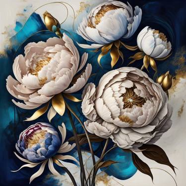 Abstract blue gold peonies thumb