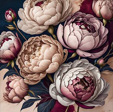 Warm beige abstract peonies roses, pink, burgundy, ivory.1203 thumb
