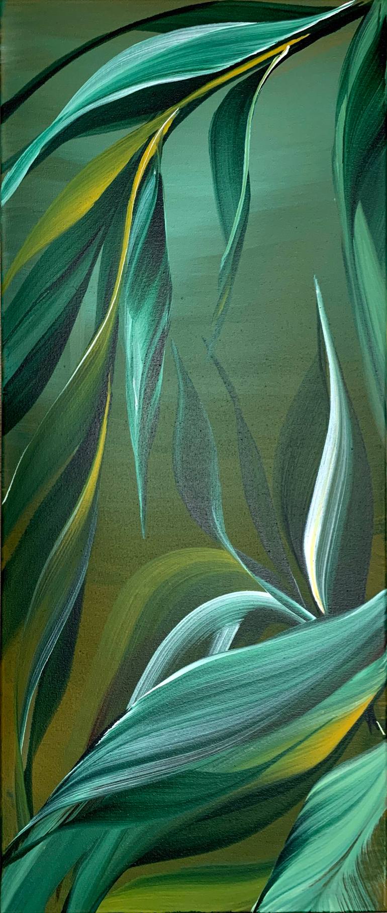 Original Floral Painting by Tatiana Malinovscaia | Abstract Art on Canvas | Warm Tropical Jungles. Green shades, white and yellow, botany
