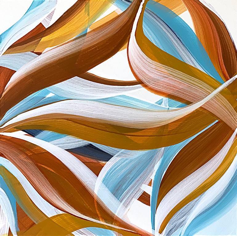 Original Floral Painting by Tatiana Malinovscaia | Abstract Art on Canvas | Ocher and Sky blue shades, white and umbra,tropical plant leaves