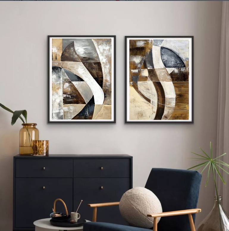 Original Geometric Painting by Tatiana Malinovscaia | Abstract Art on Canvas | Intersection of Light Earth set diptych geometry