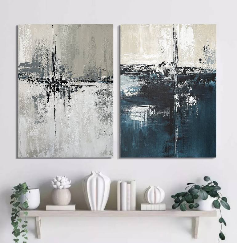 Original Landscape Painting by Tatiana Malinovscaia | Abstract Expressionism Art on Canvas | Shades of Indigo diptych set