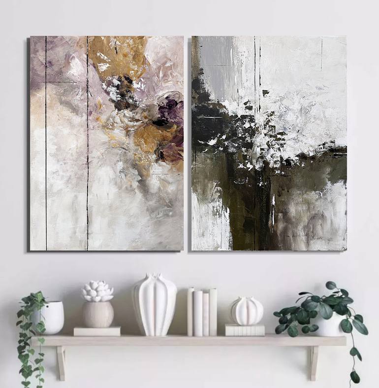Original Botanic Painting by Tatiana Malinovscaia | Abstract Expressionism Art on Canvas | Ochre & Olive Abstraction set