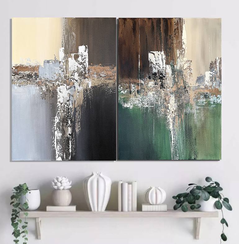 Original Abstract Painting by Tatiana Malinovscaia | Abstract Art on Canvas | Earthbound Reflections. Neutral Green set