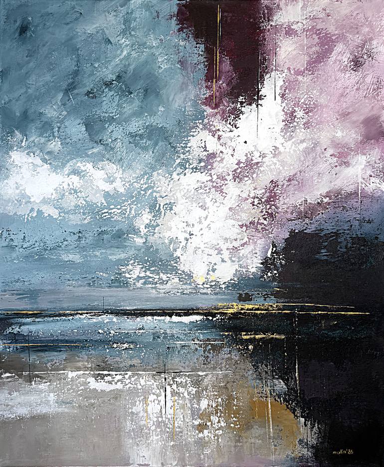 Original Seascape Painting by Tatiana Malinovscaia | Abstract Art on Canvas | Crimson Light Breaking Through Blue