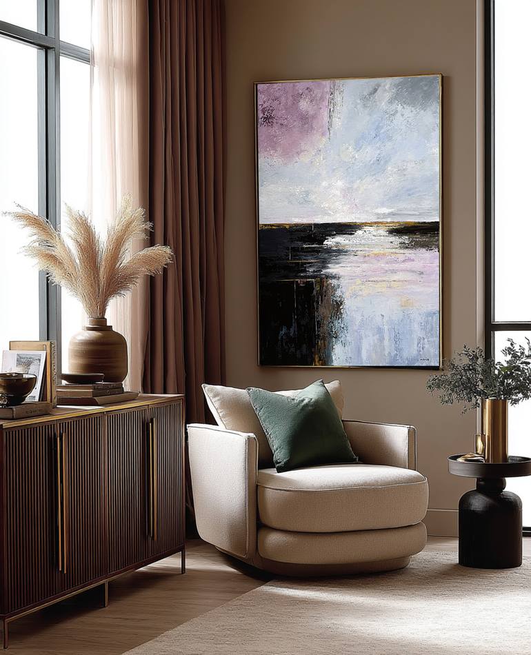Soft Light Across Still Water-violet pink Original Painting by tatiana malinovscaia
