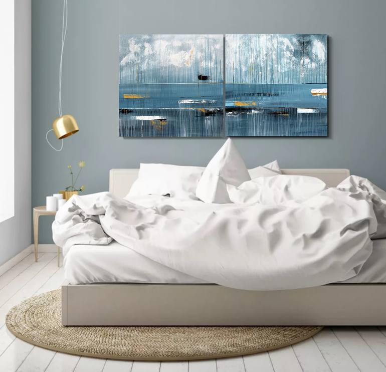 Original Landscape Painting by Tatiana Malinovscaia | Abstract Expressionism Art on Canvas | Azure Resonance diptych set gold blue