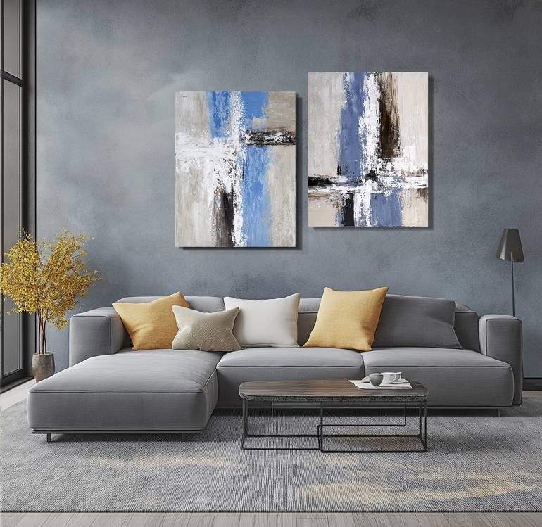 Original Abstract Painting by Tatiana Malinovscaia | Abstract Art on Canvas | Blue Structural Passage Diptych set