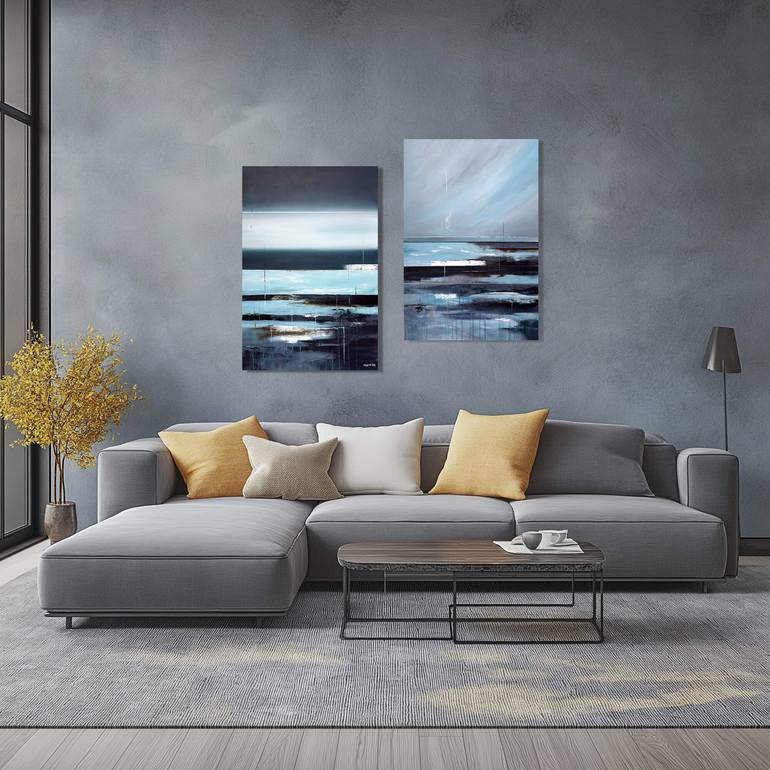 Original Landscape Painting by Tatiana Malinovscaia | Abstract Art on Canvas | Beyond the Blue Divide diptych set