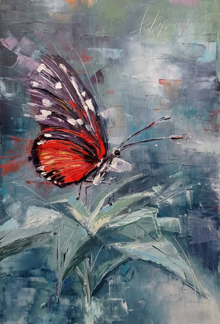 Red butterfly insects oil painting butterfly palette knife ...