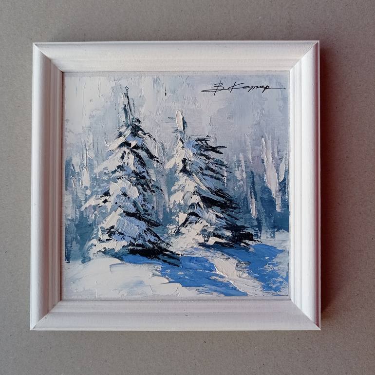 Landscape with fir trees Oil painting spruce Christmas gift idea