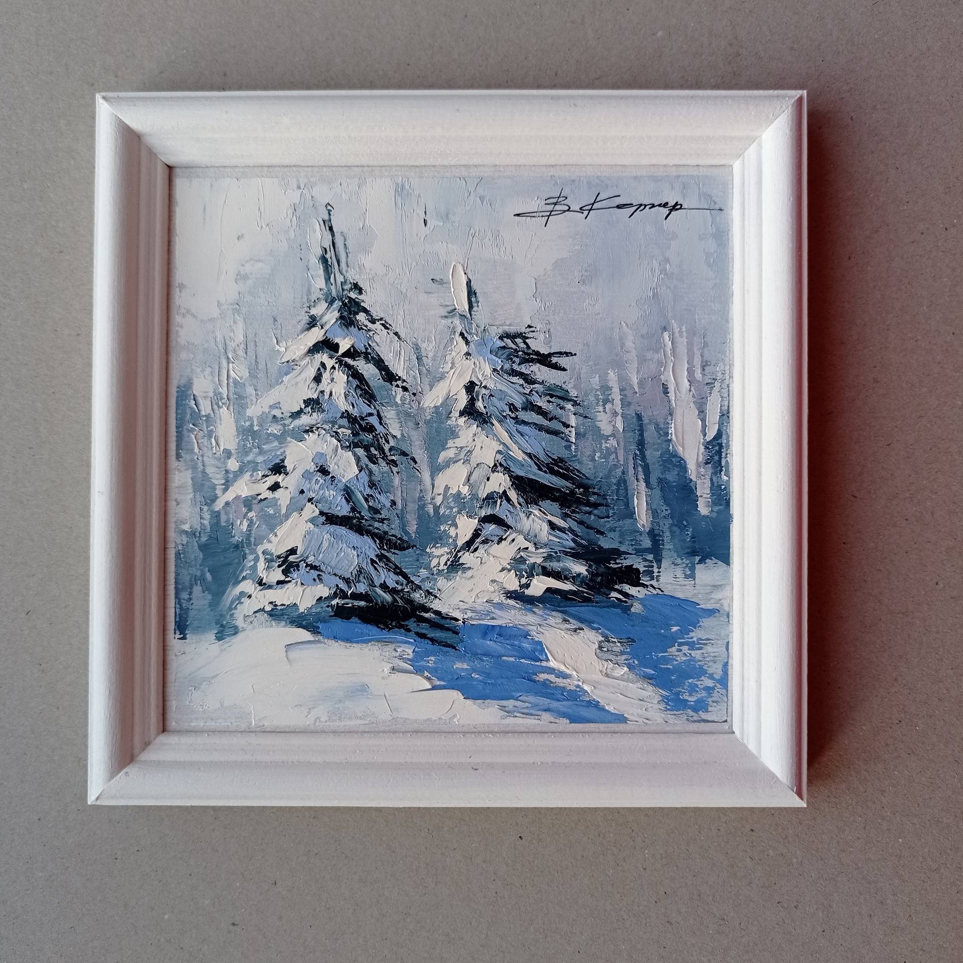 Original oil on cardboard painting, Country popular Landscape, Winter, Snow, One of a kind