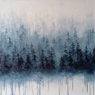 Winter forest 2,  landscape with trees oil painting on canvas palette knife thumb