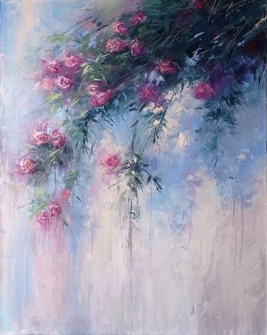 Rose bush flowers oil painting on canvas palette knife interior painting thumb