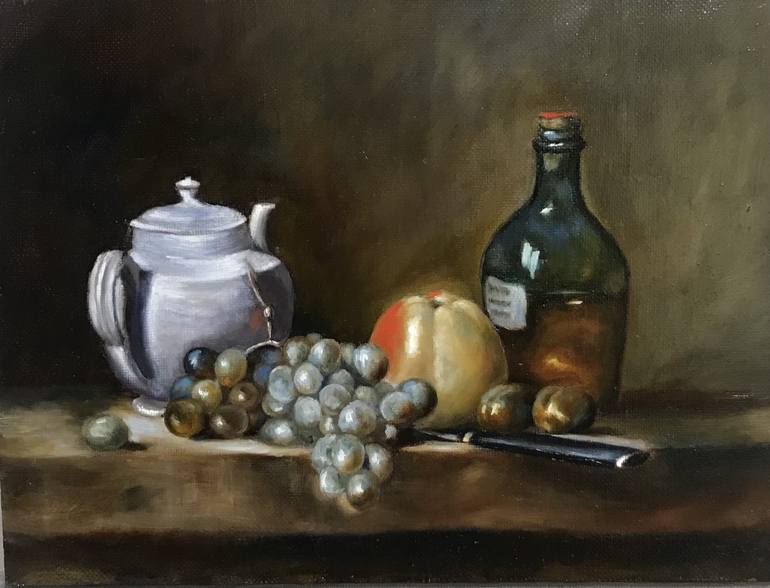 Replication of the painting by J.B.S. Chardin White teapot with grapes ...