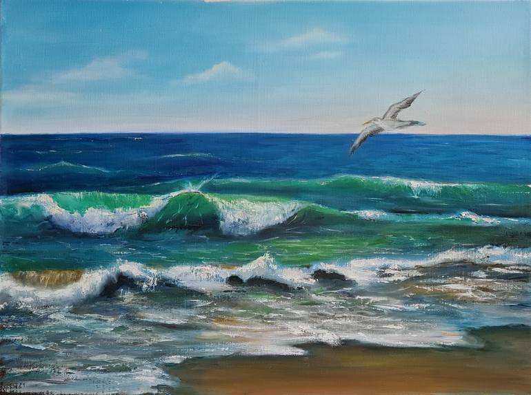 Seascape with a seagull Drawing by Ekaterina Mashkina | Saatchi Art