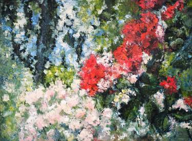 Floral abstract #13, sky, forest, flowering bushes, red flowers thumb