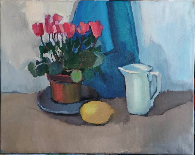 Original Floral Painting by Julia Zeleznaka | Other Art on Canvas | Still life with lemon and pink flowers