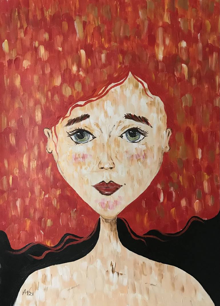 She in red - portrait redhead original painting present interior ...