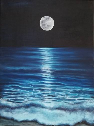 Oil painting full moon and sea thumb
