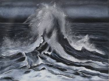 Oil painting sea black and white, painting black and white waves thumb