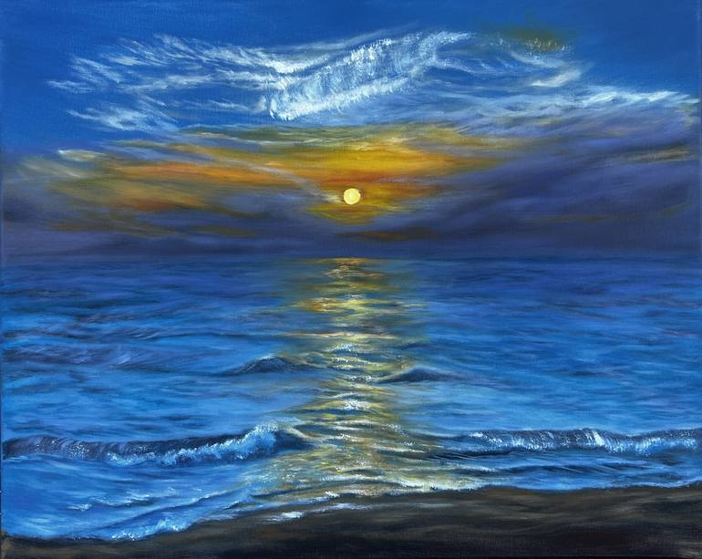 Original Sunset Painting by Iryna Cherepenko | Realism Art on Canvas | Oil painting: Sunset on the Tyrrhenian Sea in Italy