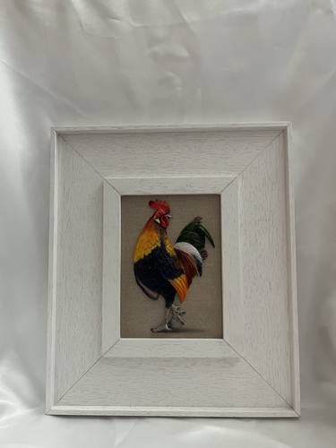 Handmade realistic 3D rooster sculpture with natural wood frame thumb