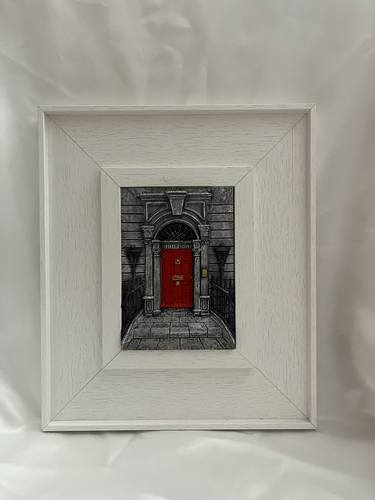 Handmade realistic 3D red door with natural wood frame thumb