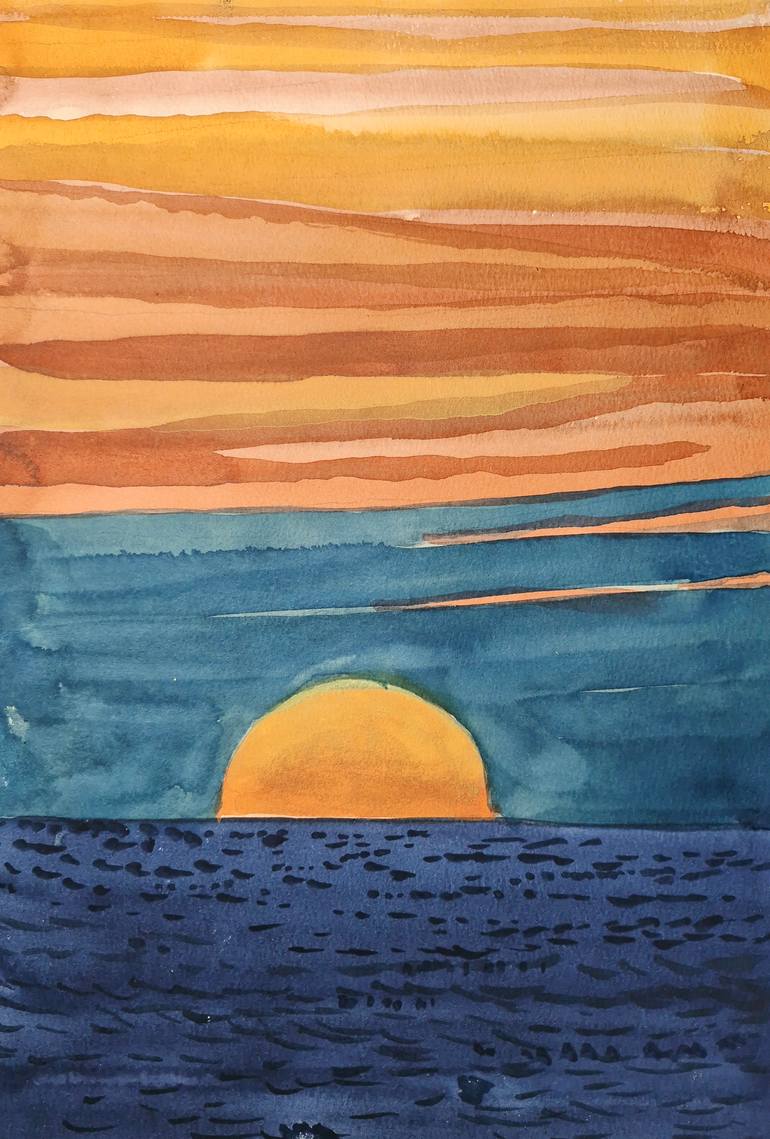Original Sunset Painting by Mike King | Figurative Art on Paper | Sunset Over the Gulf