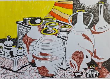 African pots in sunshine - pen drawing thumb